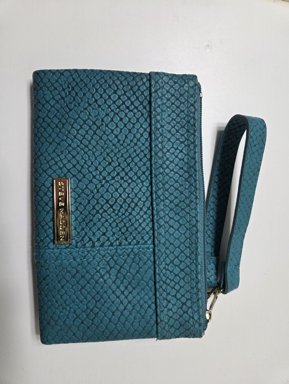Steve Madden Teal Snake-Embossed Wristlet Clutch with Gold Plaque